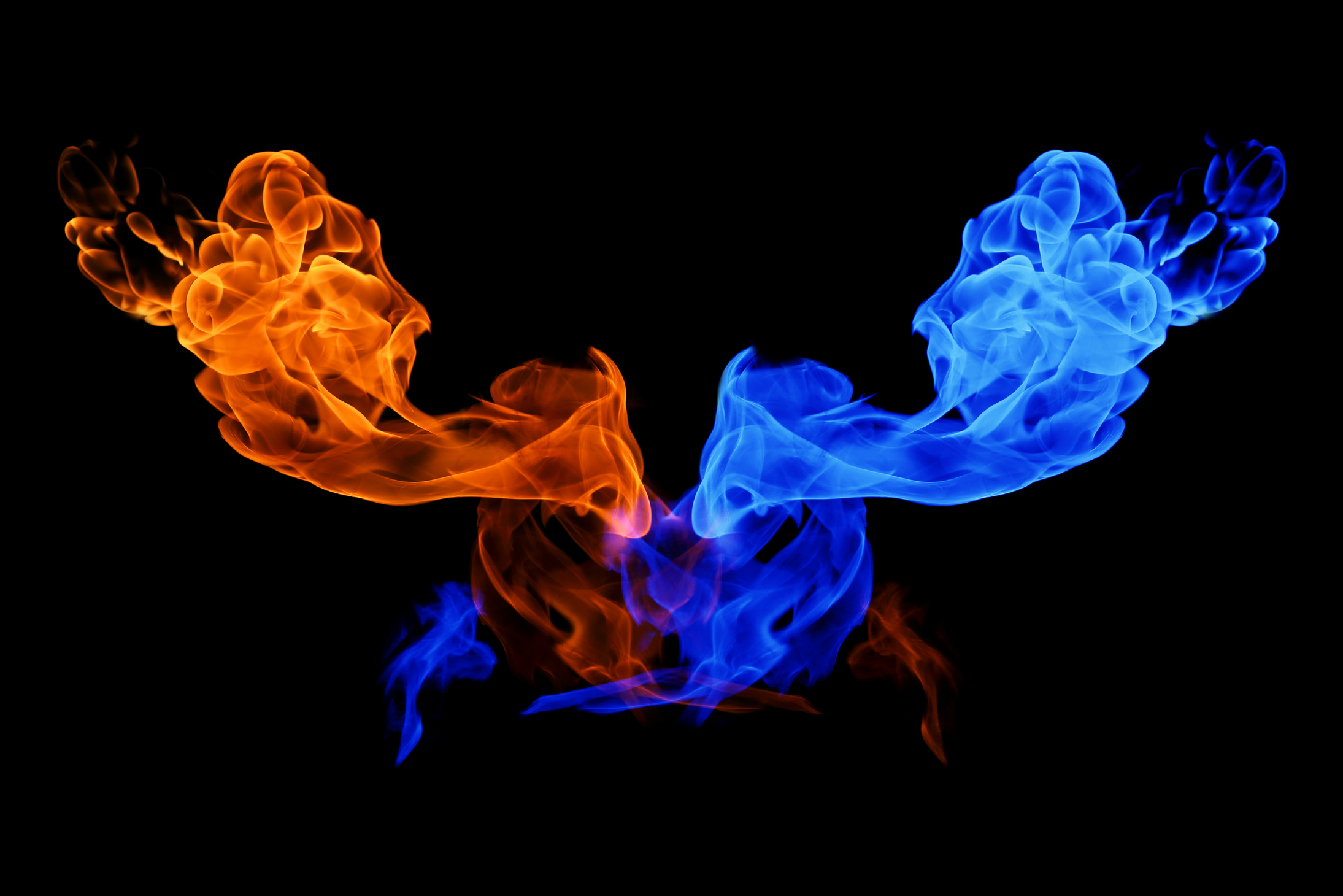 Yin-yang symbol, fire and ice background